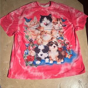 Cat dog flower butterflies collage pink tie die t shirt